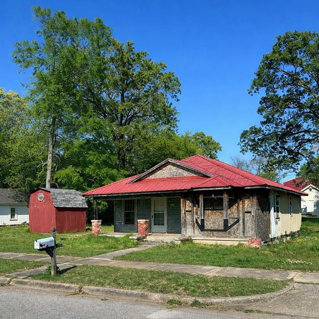 2105 Moore Ave front — red metal roof, boarded windows, wood siding